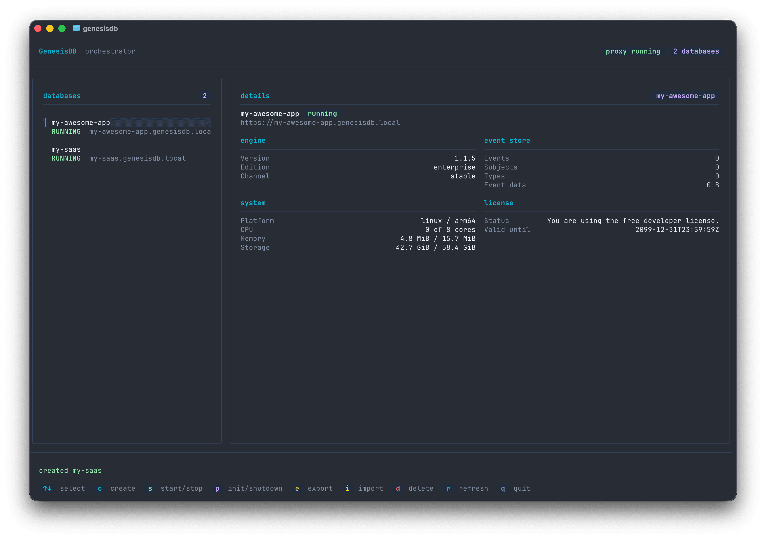 GenesisDB Orchestrator terminal dashboard showing two running databases with engine, event store, system, and license details